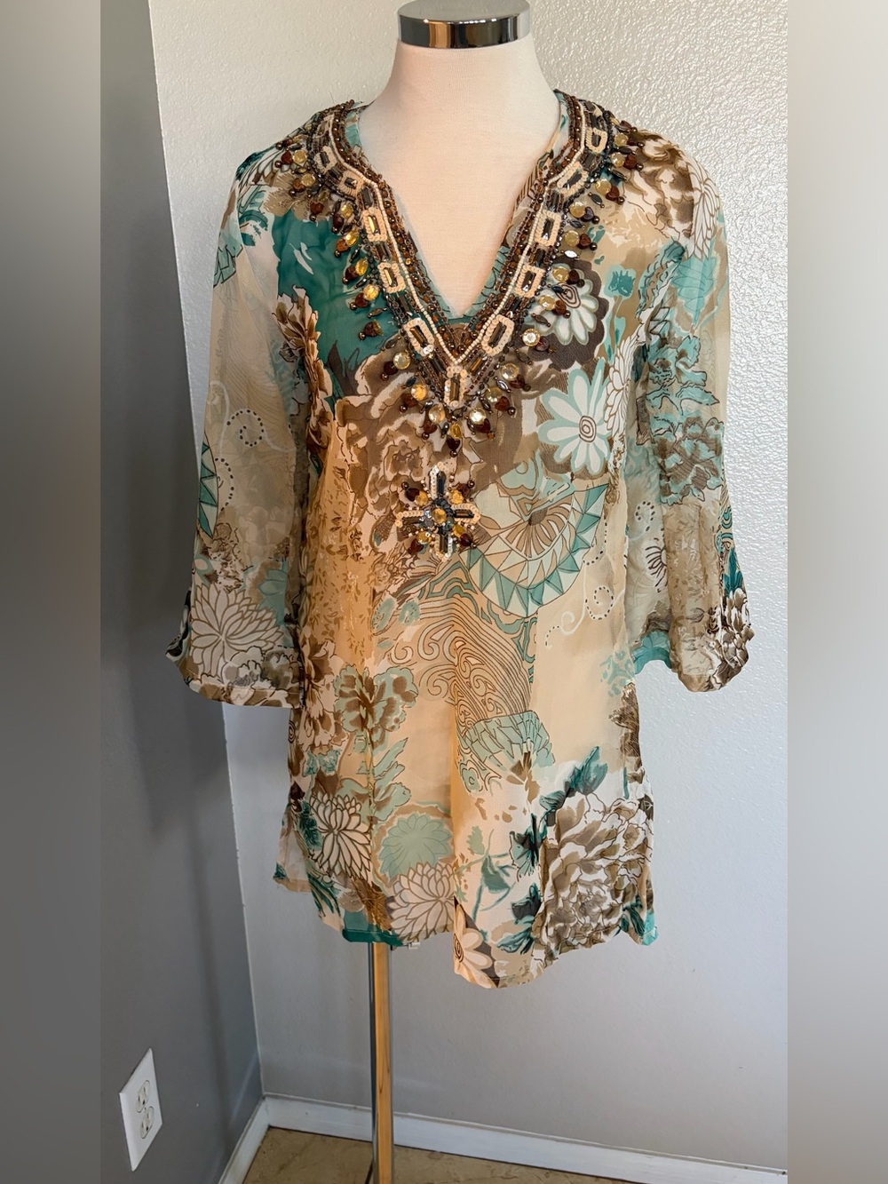 Embellished V-Neck Floral Swim Coverup - Teal & Cream